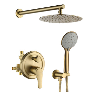 Boyel Living 5-Spray Patterns with 3.2 GPM 10 in. Wall Mount Dual Shower Heads with Rough-In Valve Body and Trim in Brushed Gold