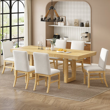 Traditional 7-Piece 72 in. Extendable Dining Table Set with 12inch Butterfly Leaf and 6 Upholstered Dining Table Set, Natural