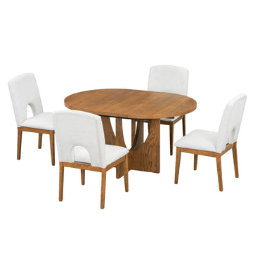 Modern 5-Piece Extendable Round Dining Table Set with 16.2inch Removable Leaf for Small Places, Walnut+Beige