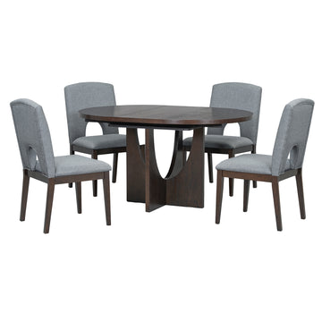 Modern 5-Piece Extendable Round Dining Table Set with 16.2inch Removable Leaf for Small Places, Espresso+Gray