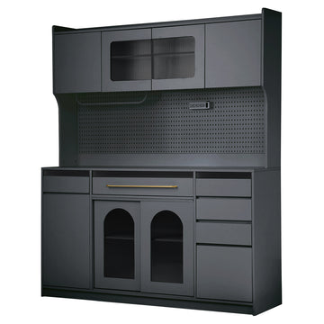 Freestanding 63'' W Buffet with Hutch, Large Coffee Bar Storage Cabinet with 6 Drawers, 5 Cabinets with Adjustable Shelves,Pegboard,Towel Rack, Power Outlet,Black