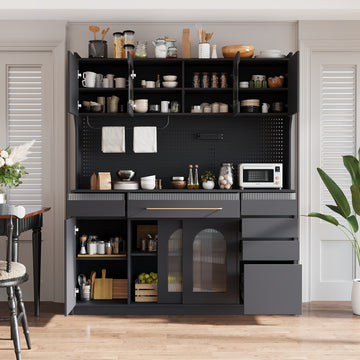 Freestanding 63'' W Buffet with Hutch, Large Coffee Bar Storage Cabinet with 6 Drawers, 5 Cabinets with Adjustable Shelves,Pegboard,Towel Rack, Power Outlet,Black