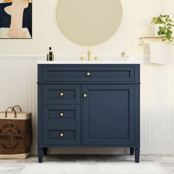 36 Inch Modern Bathroom Vanity with Top Sink Two Drawers Tip Out Drawer Single Sink Blue