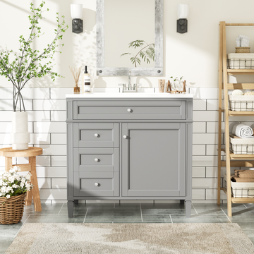 36 Inch Modern Bathroom Vanity with Top Sink Two Drawers Tip Out Drawer Single Sink Grey