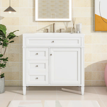 36 Inch Modern Bathroom Vanity with Top Sink Two Drawers Tip Out Drawer Single Sink White