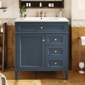 30 Inch Bathroom Vanity with Resin Sink Top with 2 Drawers and Tip Out Drawer Blue