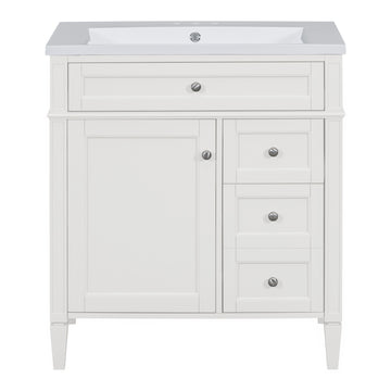 30 Inch Bathroom Vanity with Resin Sink Top with 2 Drawers and Tip Out Drawer White