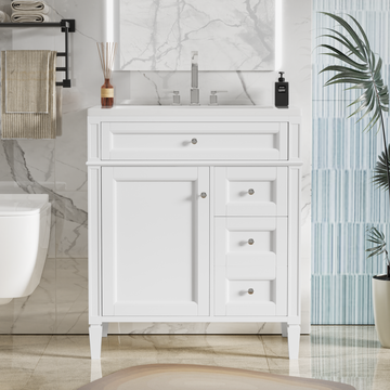 30 Inch Bathroom Vanity with Resin Sink Top with 2 Drawers and Tip Out Drawer White