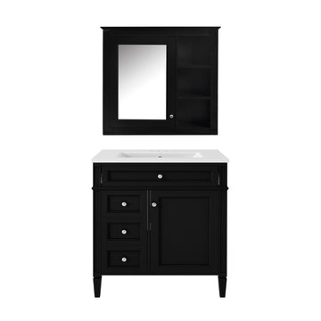 30 Inch Modern Bathroom Vanity Set With Mirror Cabinet And Ceramic Sink Three Drawers Black