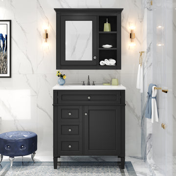 30 Inch Modern Bathroom Vanity Set With Mirror Cabinet And Ceramic Sink Three Drawers Black