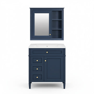 30 Inch Modern Bathroom Vanity Set With Mirror Cabinet And Ceramic Sink Three Drawers Blue