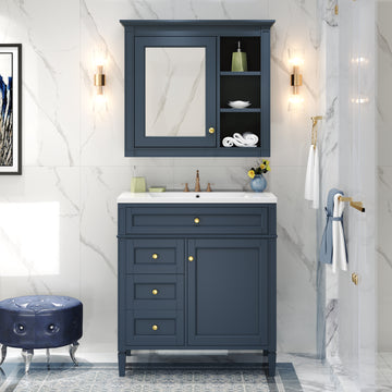 30 Inch Modern Bathroom Vanity Set With Mirror Cabinet And Ceramic Sink Three Drawers Blue