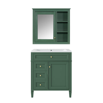 30 Inch Bathroom Vanity with Ceramic Sink and Mirror Cabinet with Drawers Green