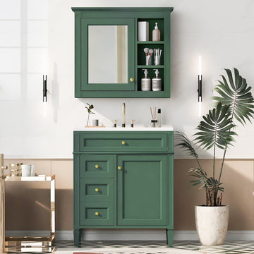30 Inch Bathroom Vanity with Ceramic Sink and Mirror Cabinet with Drawers Green