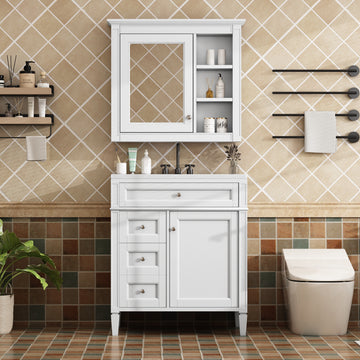 30 Inch Modern Bathroom Vanity Set With Mirror Cabinet And Ceramic Sink Three Drawers White