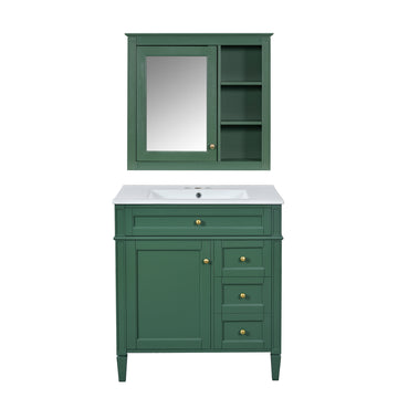 30 Inch Bathroom Vanity Set with Ceramic Sink Two Drawers Tip Out Drawer Mirror Cabinet Green