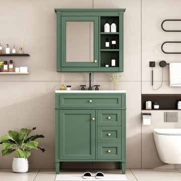 30 Inch Bathroom Vanity Set with Ceramic Sink Two Drawers Tip Out Drawer Mirror Cabinet Green