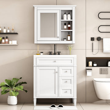 30 Inch Modern Bathroom Vanity Set with Sink and Mirror Cabinet White