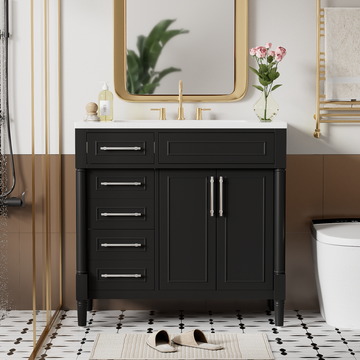36 Inch Modern Bathroom Vanity With Resin Sink Solid Wood Frame Black