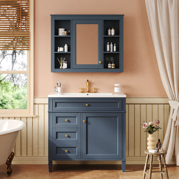 36 Inch Modern Bathroom Vanity Set With Medicine Cabinet And Ceramic Sink Blue