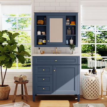 36 Inch Bathroom Vanity Set with Medicine Cabinet Single Sink Soft Close Storage Blue