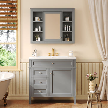 36 Inch Modern Bathroom Vanity Set With Medicine Cabinet And Ceramic Sink Grey