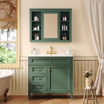 36 Inch Modern Bathroom Vanity Set With Medicine Cabinet And Ceramic Sink Green