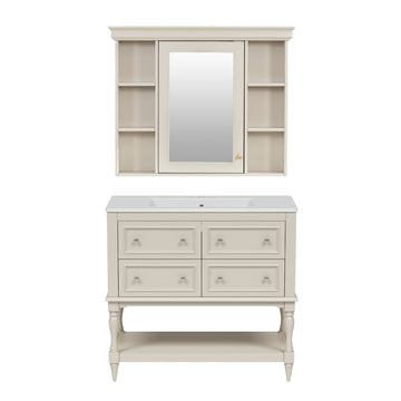 36 Inch Bathroom Vanity Set With Medicine Cabinet And Ceramic Sink Beige