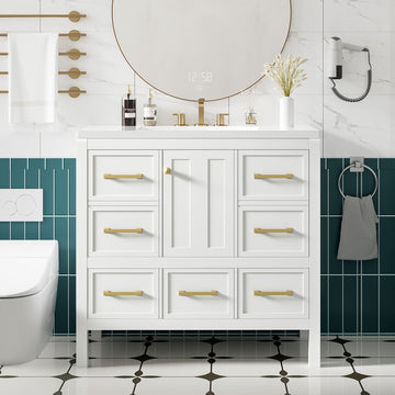 36 Inch Bathroom Vanity With Resin Sink And Five Drawers White