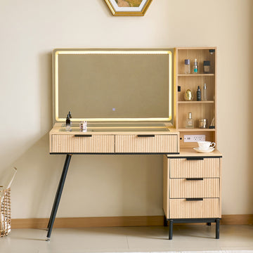 Vanity Desk with Mirror and Lights, 5 Drawers and Storage Shelves, Adjustable Brightness Makeup Table Set
