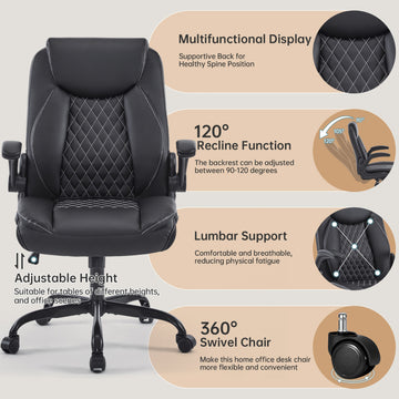 Ergonomic Leather Office/Gaming Chair - Lumbar Support, Flip-Up Armrests, 360° Swivel, Adjustable Rocking, Black
