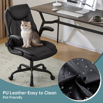 Ergonomic Leather Office/Gaming Chair - Lumbar Support, Flip-Up Armrests, 360° Swivel, Adjustable Rocking, Black