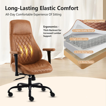 High Back Ergonomic Leather Office Chair - Lumbar Support, Adjustable Height/Recline, Rubber Casters, Brown