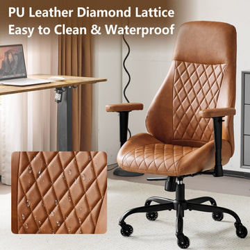 High Back Ergonomic Leather Office Chair - Lumbar Support, Adjustable Height/Recline, Rubber Casters, Brown