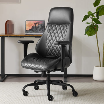 High Back Ergonomic PU Office Chair - Lumbar Support, Adjustable Height/Recline, Rubber Casters, Black
