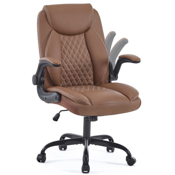 Ergonomic Leather Office/Gaming Chair - Lumbar Support, Flip-Up Armrests, 360° Swivel, Adjustable Rocking, Brown