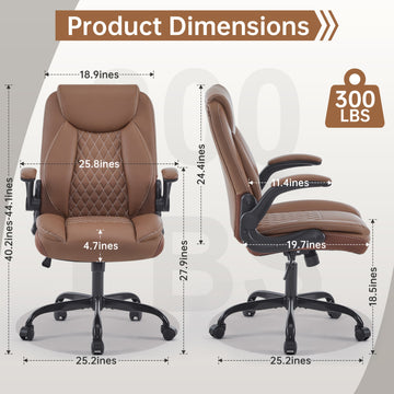 Ergonomic Leather Office/Gaming Chair - Lumbar Support, Flip-Up Armrests, 360° Swivel, Adjustable Rocking, Brown