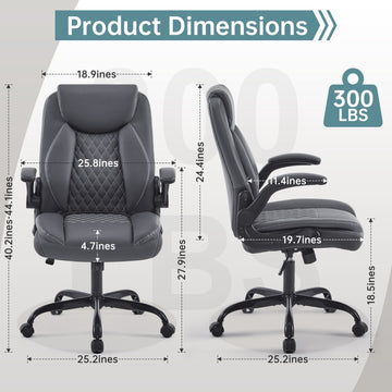 Ergonomic Leather Office/Gaming Chair - Lumbar Support, Flip-Up Armrests, 360° Swivel, Adjustable Rocking, Grey