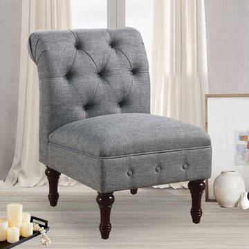 Linen Button Tufted Accent Chair with Solid Wood Legs