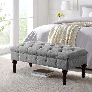 Tufted Linen Bench with Solid Wood Legs