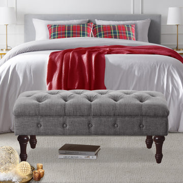 Tufted Linen Bench with Solid Wood Legs
