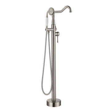 Brushed-Nickel-Floor-Mount-Tub-Filler-with-Handheld-Shower-Roman-Bathtub-Faucet-Swivel-Spout-with-Brass-Rough-in-and-Water-Hose
