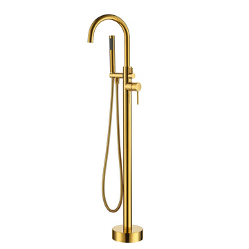 Single Handle Floor Mount Freestanding Tub Faucet with Hand Shower in Brushed Gold