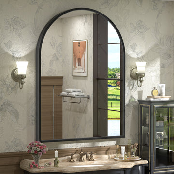 Matte Black Aluminum Alloy Frame Arched Bathroom Mirror Without Lighting 24-in x 36-in