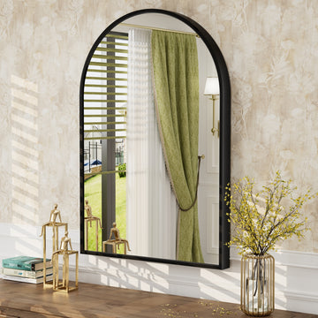 Matte Black Aluminum Alloy Frame Arched Bathroom Mirror Without Lighting 26-in x 38-in