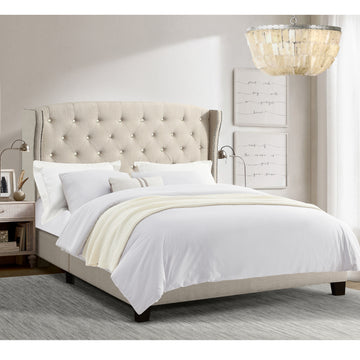 Button Tufted Upholstered Bed Vintage Style Bed Frame with Solid Wood Legs