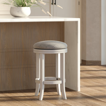 26 Inch Counter Height Backless Wood Barstool with Upholstered Gray Swivel Seat and White Finished Frame