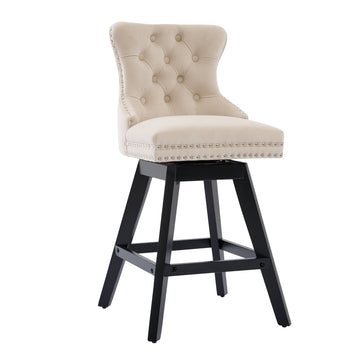 Swivel Velvet Bar Stools Set of 2 with Button Tufted Back Beige