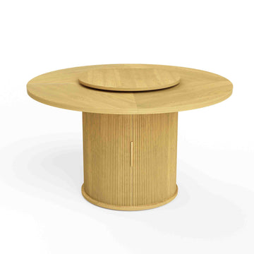 55 Inch Round Dining Table for Six with Rotating Tray and Double Tier Storage Rack Walnut Dining Room Table Natural
