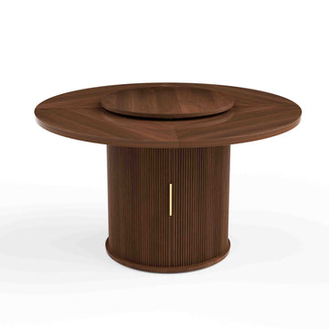 55 Inch Round Dining Table for Six with Rotating Tray and Double Tier Storage Rack Walnut Dining Room Table